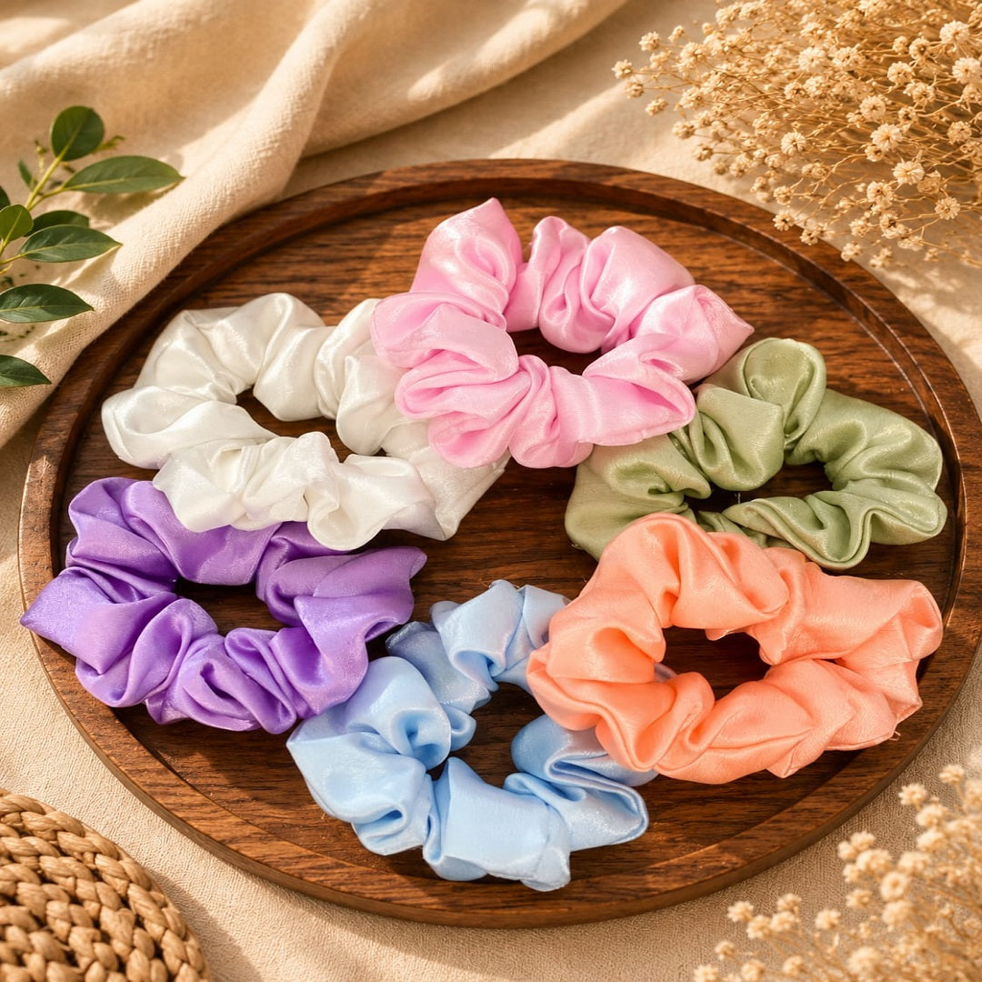 Premium Satin Scrunchies – Pack of 12 Pcs | Soft Hair Ties | Wholesale Price ₹120 Per Dozen