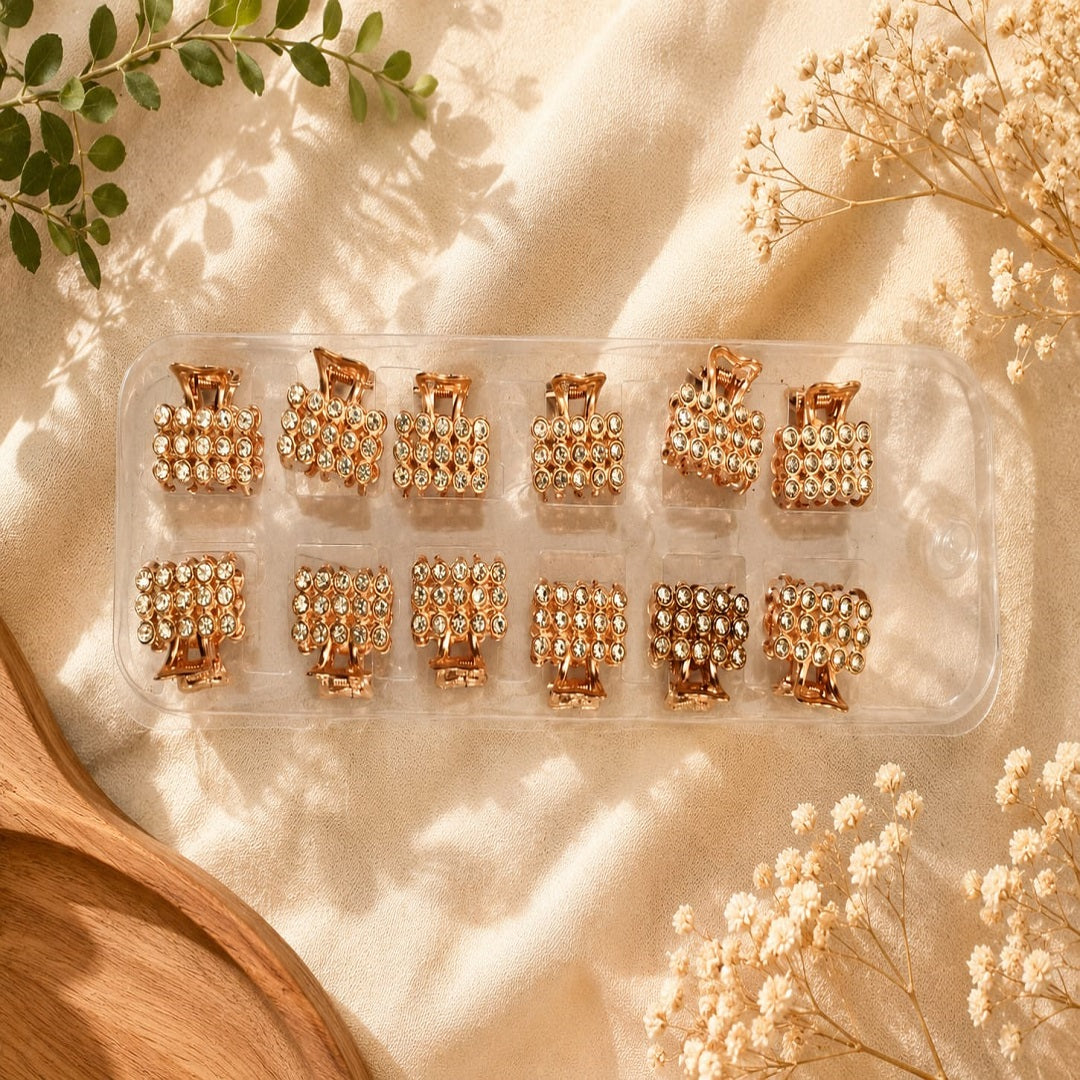Mini Clear Rhinestone Hair Claw Clip – Pack of 12 Pcs | Rose Gold Finish | Wholesale Price ₹96 Per Dozen