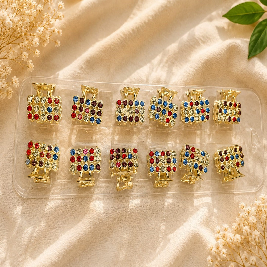 Mini Multicolor Rhinestone Hair Claw Clip – Pack of 12 Pcs | Gold Finish | Wholesale Price ₹96 Per Dozen