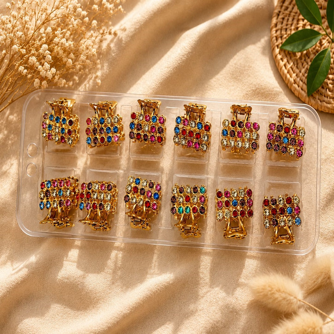 Mini Multicolor Rhinestone Hair Claw Clip – Pack of 12 Pcs | Gold Finish | Wholesale Price ₹96 Per Dozen