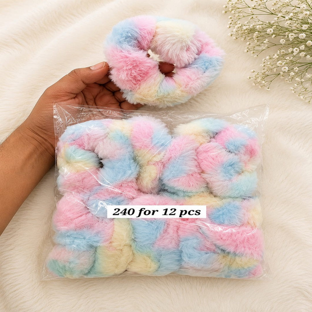 Rainbow Fluffy Fur Scrunchie – Pack of 12 Pcs | Soft Plush Hair Tie | Wholesale Price ₹240 Per Dozen