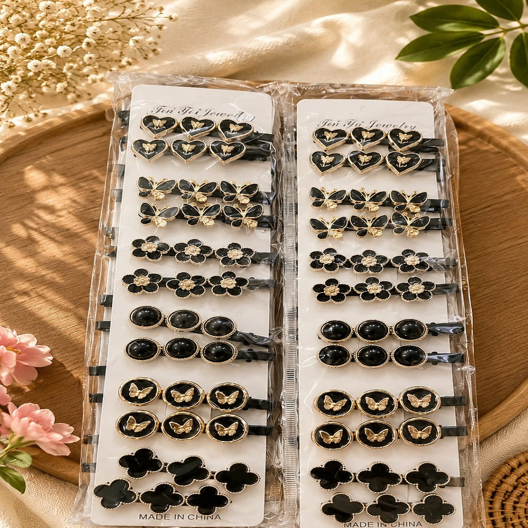 Korean Black Enamel Hair Pins – Pack of 12 Pcs | Premium Designer Hair Clips | Wholesale Price ₹240 Per Dozen