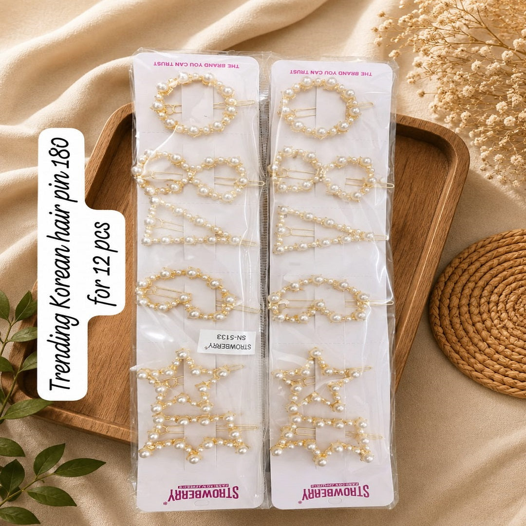 Pearl Korean Hair Pins – Pack of 12 Pcs | Trendy Pearl Hair Clips | Wholesale Price ₹180 Per Dozen