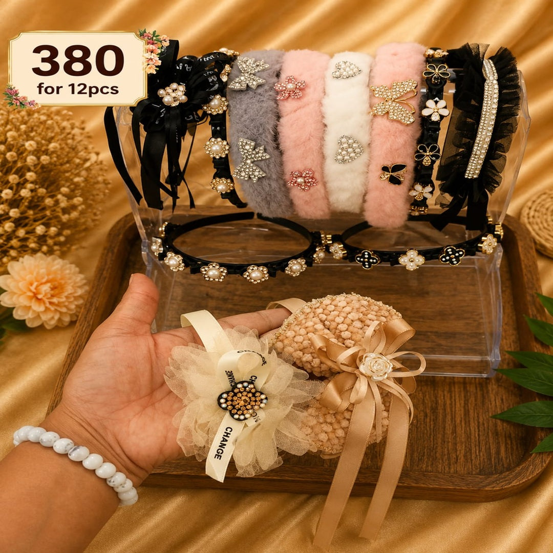 Luxury Hanging Fur & Stone Work Hair Bands – ₹380 Per Dozen