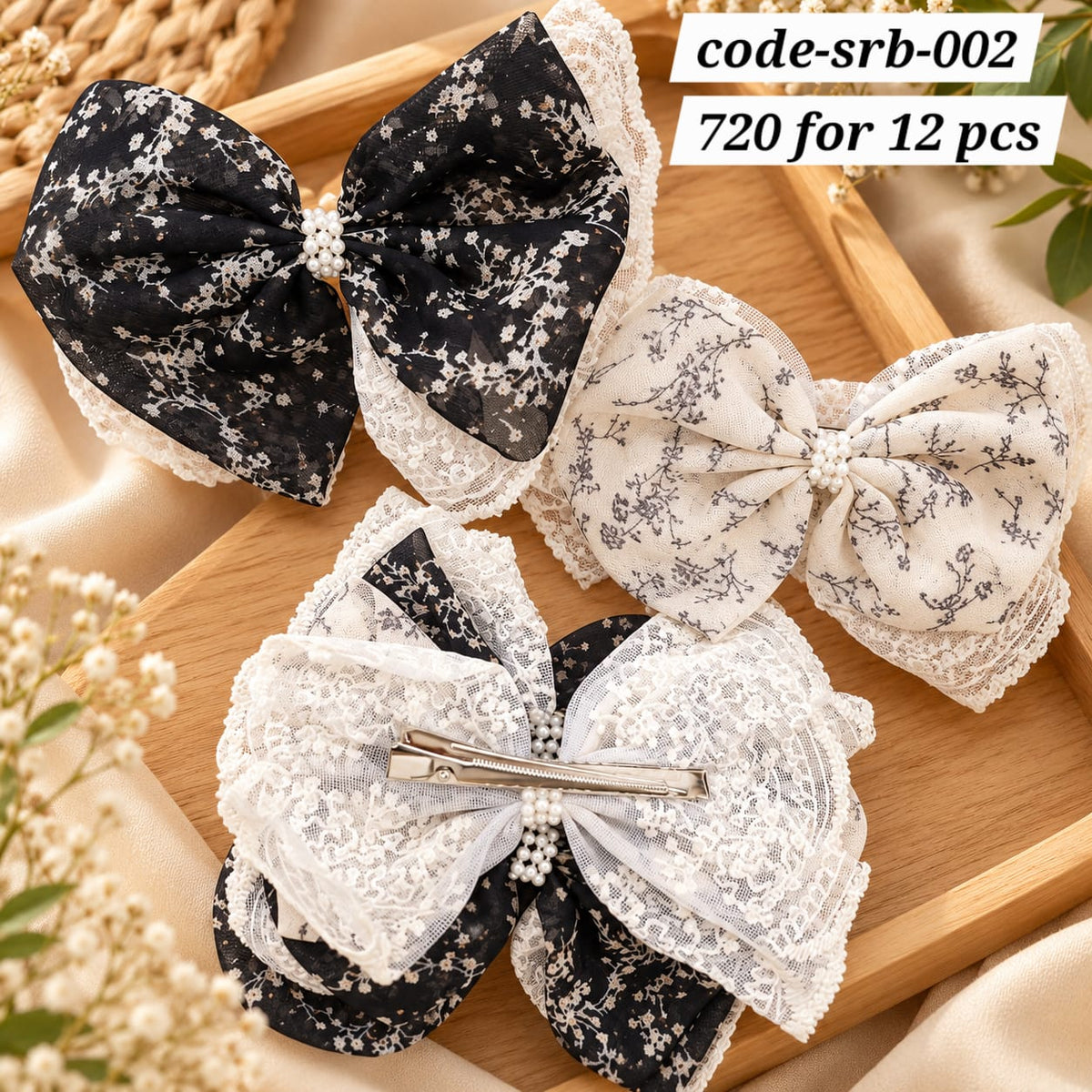Premium Floral Lace Bow Hair Clips Pack of 12 Pcs – Black & White Pearl Design | Wholesale Price ₹720 per Dozen
