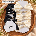 Premium Satin Bow Hair Clips Pack of 12 Pcs – Black & Cream Pearl Embellished Ribbon Bows | Wholesale Price ₹580 per Dozen