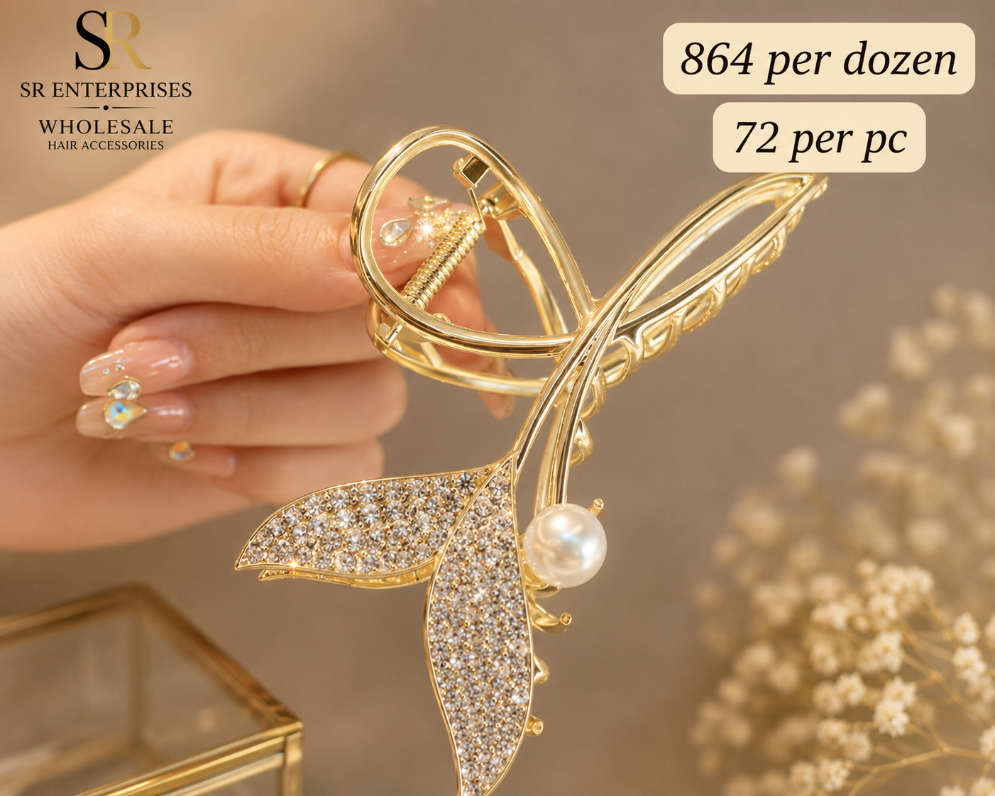 Premium Gold Leaf Pearl Rhinestone Metal Hair Claw Clip – Pack of 12 Pcs | Wholesale Price ₹864 per Dozen