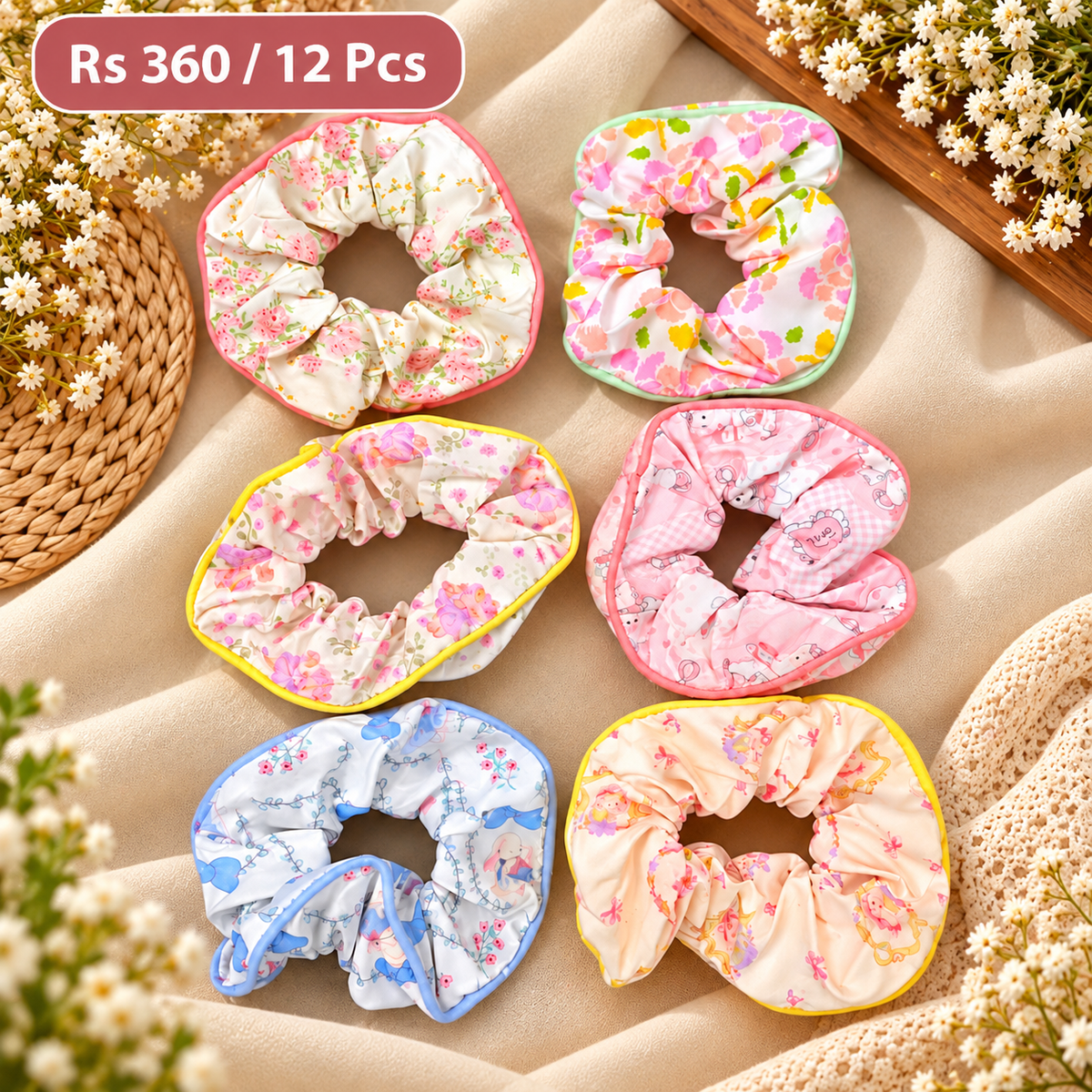 Premium Printed Floral Scrunchies Pack of 12 Pcs – Cute Patterned Fabric Hair Scrunchies | Wholesale Price ₹360 per Dozen
