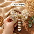 Luxury Rhinestone Bow Hair Barrette Clip with White Flower & Pearl Tassels – ₹1140 Per Dozen (12 Pieces)