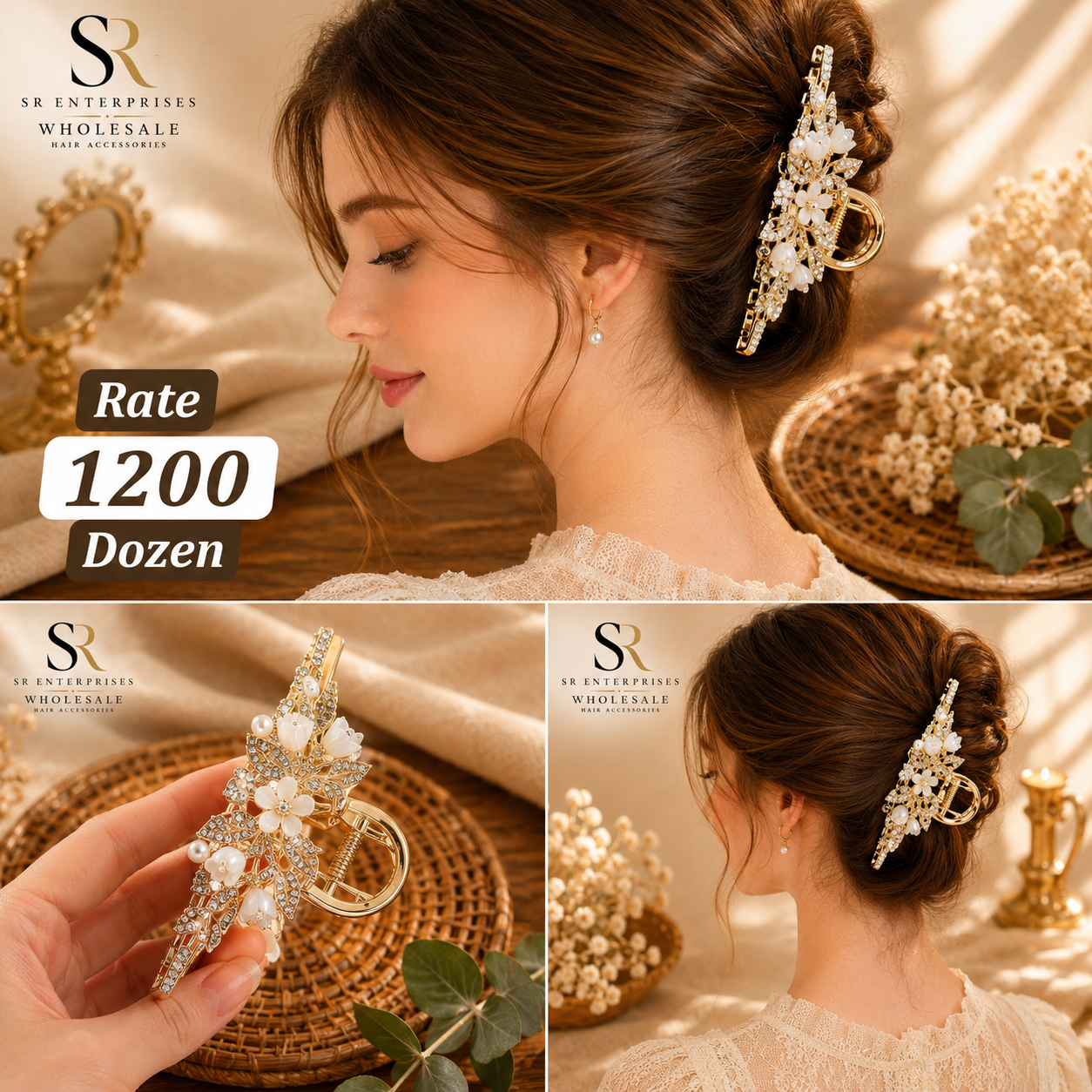 Premium Luxury Pearl Floral Rhinestone Metal Hair Claw Clip – Pack of 12 Pcs | Wholesale Price ₹1200 per Dozen