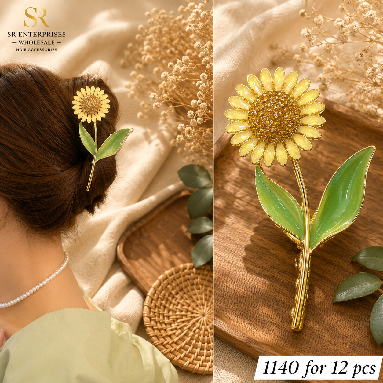 Luxury Sunflower Metal Hair Claw Clip with Rhinestone Center – ₹1140 Per Dozen (12 Pieces)