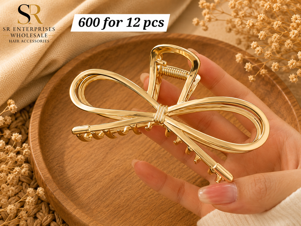Luxury Gold Bow Metal Hair Claw Clip – Minimalist Elegant Hair Accessory – ₹600 Per Dozen (12 Pieces)
