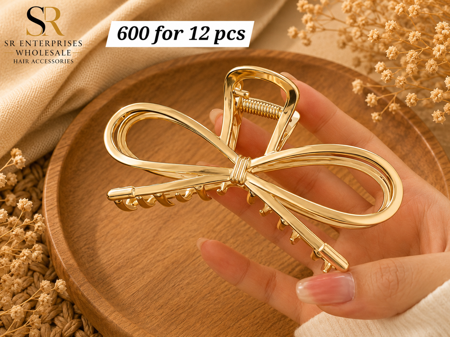 Luxury Gold Bow Metal Hair Claw Clip – Minimalist Elegant Hair Accessory – ₹600 Per Dozen (12 Pieces)