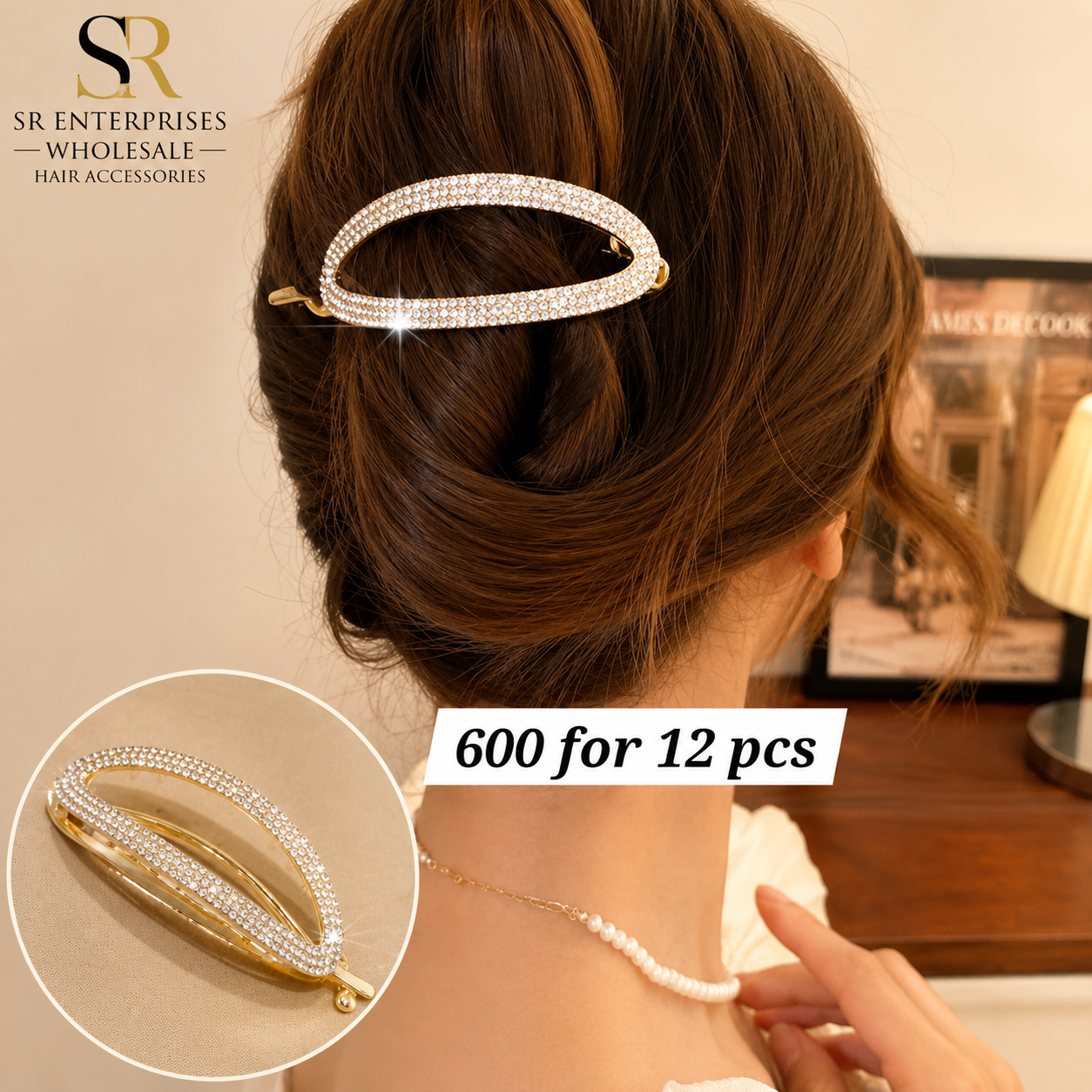 Luxury Rhinestone Oval French Hair Barrette Clip – Gold Finish – ₹600 Per Dozen (12 Pieces)