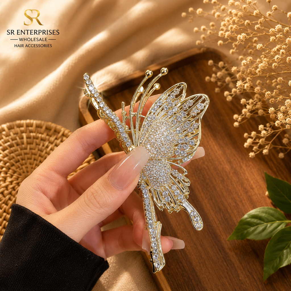 Luxury Butterfly Rhinestone Metal Hair Claw Clip – Premium Crystal Butterfly Hair Accessory – ₹864 Per Dozen (12 Pieces)
