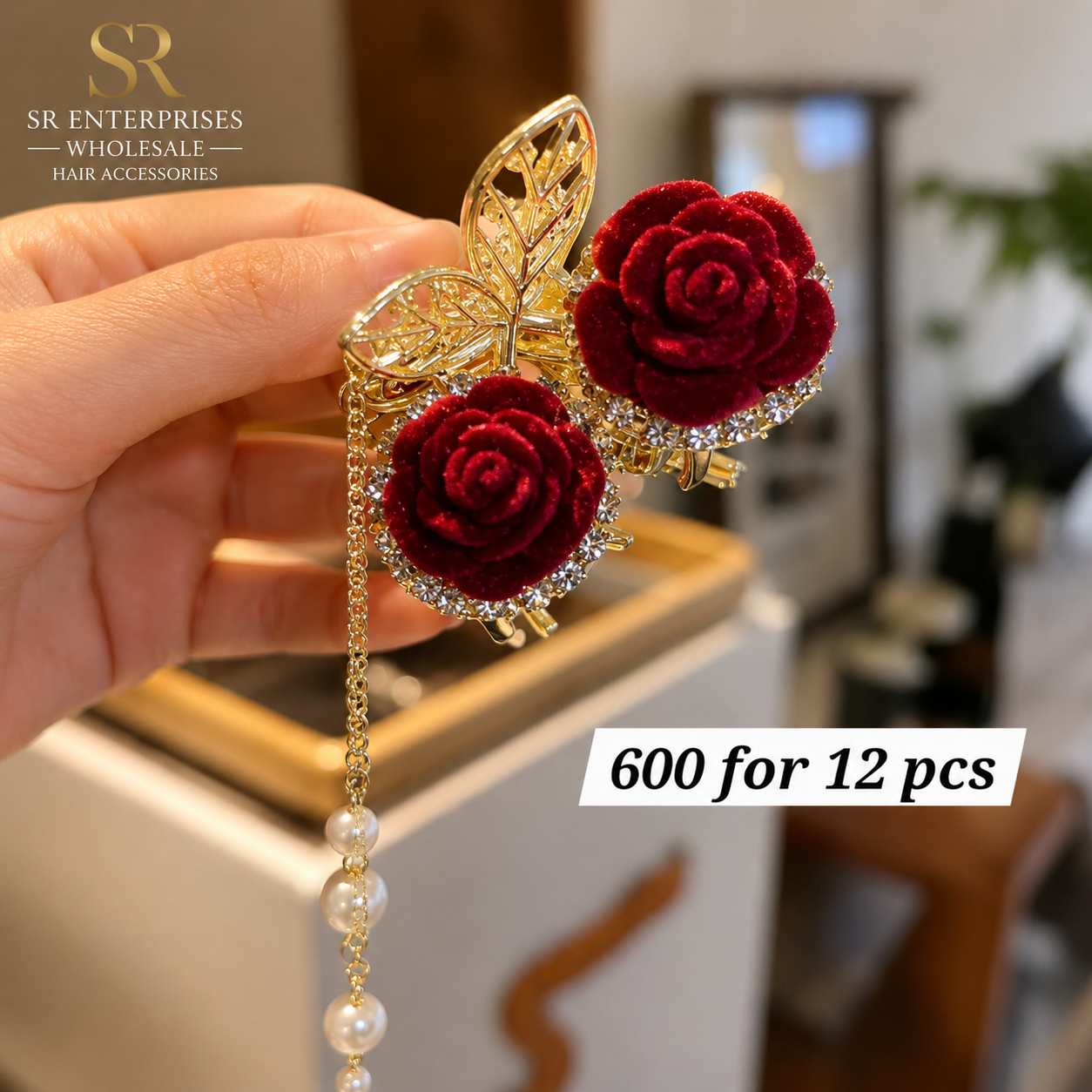 Luxury Double Rose Metal Hair Claw Clip with Butterfly & Pearl Tassel – ₹600 Per Dozen (12 Pieces)