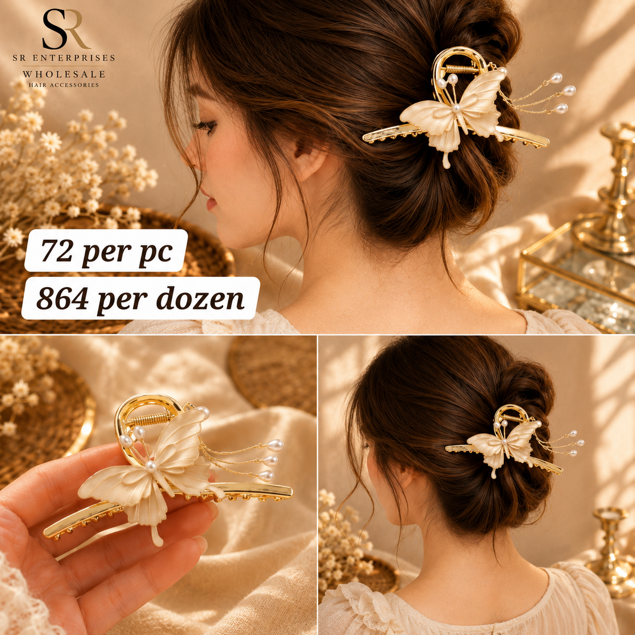 Premium Pearl Butterfly Metal Hair Claw Clip – Pack of 12 Pcs | Wholesale Price ₹864 per Dozen