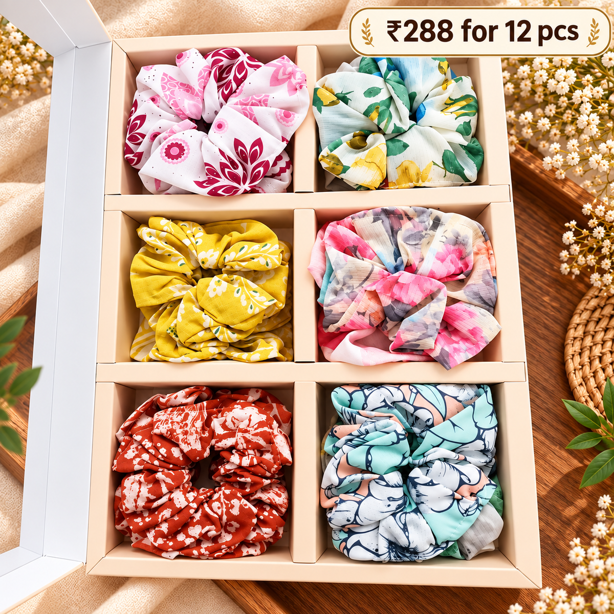 Premium Printed Scrunchies Pack of 12 Pcs – Random Colours & Assorted Designs | Wholesale Price ₹288 per Dozen
