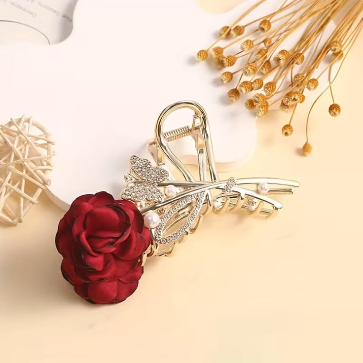 Luxury Rose Flower Metal Hair Claw Clip with Pearl & Rhinestone Design – ₹1260 Per Dozen (12 Pieces)