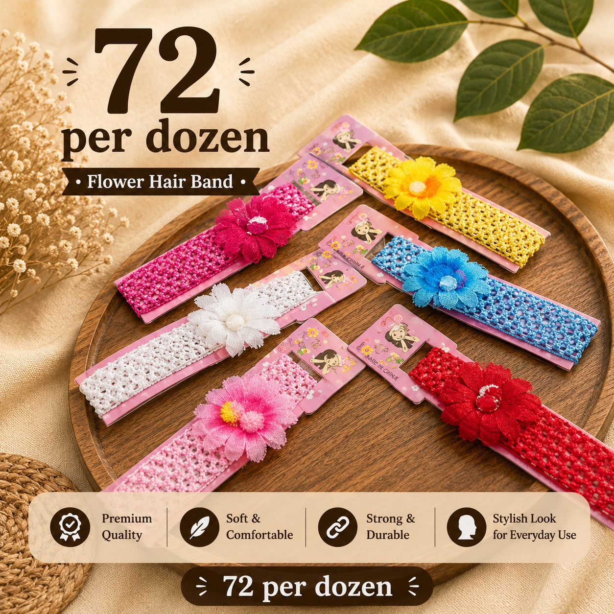 Kids Soft Flower Headband Pack of 12 Pcs – Baby Crochet Hair Band | Wholesale Price ₹72 Per Dozen