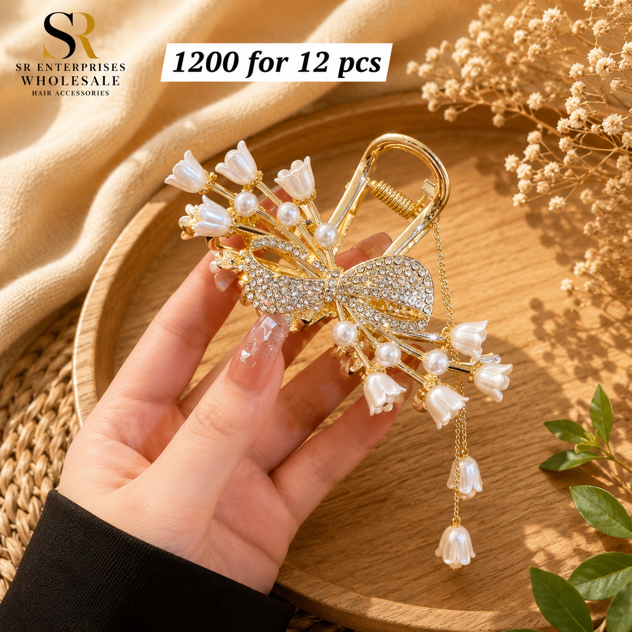 Luxury Pearl Tulip Bow Metal Hair Claw Clip with Rhinestones – ₹1200 Per Dozen (12 Pieces)