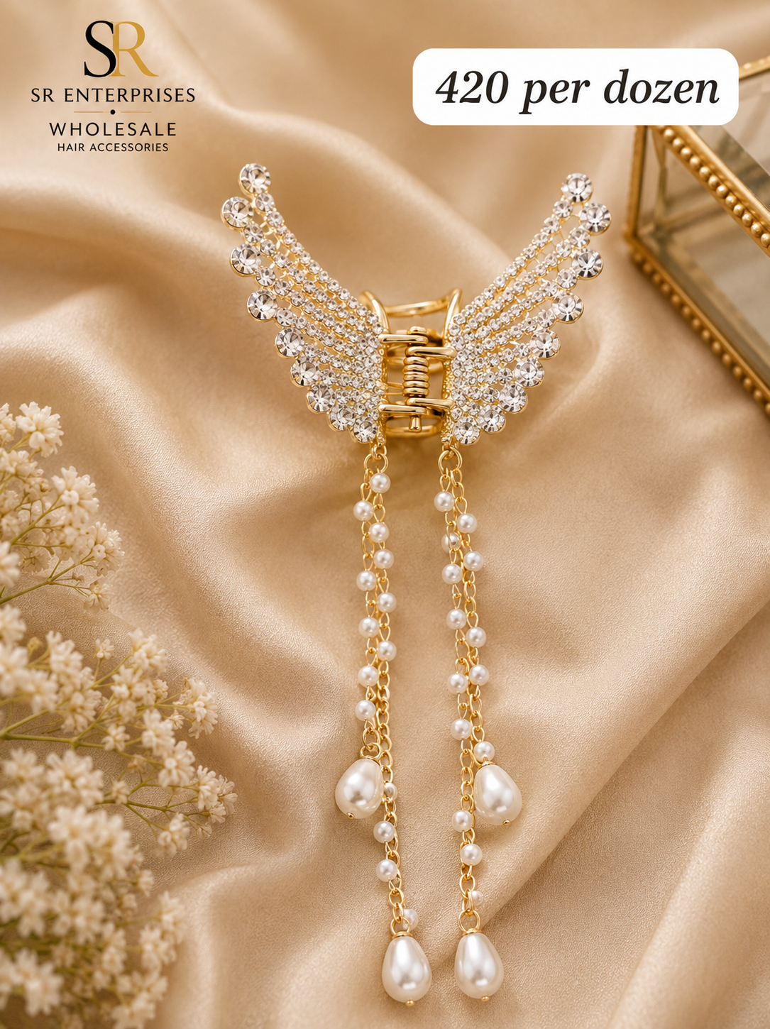 Premium Angel Wings Rhinestone Hair Claw Clip with Pearl Tassels – Pack of 12 Pcs | Wholesale Price ₹420 per Dozen