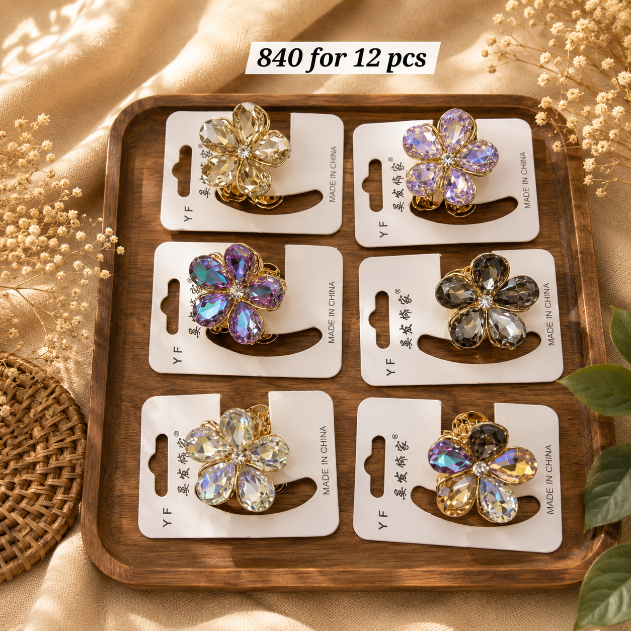 Luxury Crystal Flower Mini Hair Claw Clip – Premium Rhinestone Hair Accessory – ₹840 Per Dozen (12 Pieces)