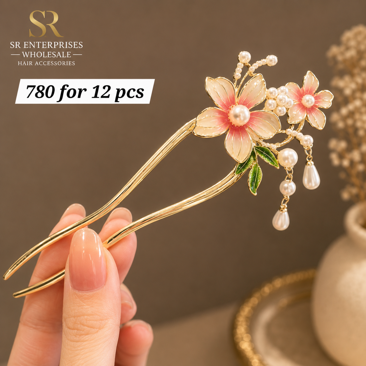Luxury Pearl Flower Hair Stick Pin with Tassel – Elegant Gold Hair Bun Accessory – ₹780 Per Dozen (12 Pieces)