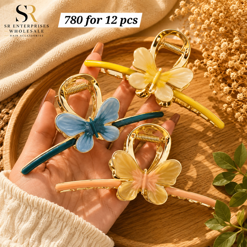 Luxury Butterfly Metal Hair Claw Clip with Glossy Finish – ₹780 Per Dozen (12 Pieces)