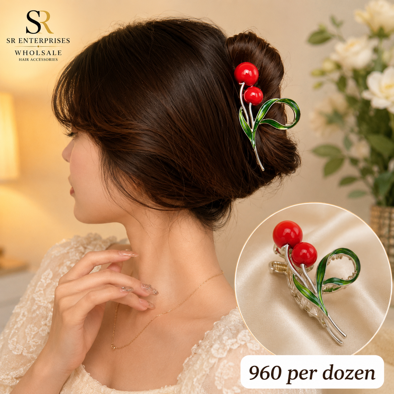 Premium Cherry Metal Hair Claw Clip – Pack of 12 Pcs | Wholesale Price ₹960 per Dozen