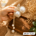 Luxury Double Pearl Butterfly Metal Hair Claw Clip with Pearl Tassel – ₹600 Per Dozen (12 Pieces)