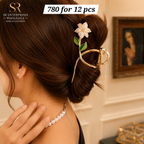 Luxury White Flower Metal Hair Claw Clip with Leaf Design – ₹780 Per Dozen (12 Pieces)