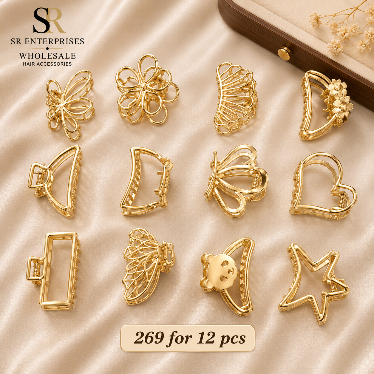 Premium Gold Metal Hair Claw Clip Assorted Designs – Pack of 12 Pcs | Wholesale Price ₹269 per Dozen
