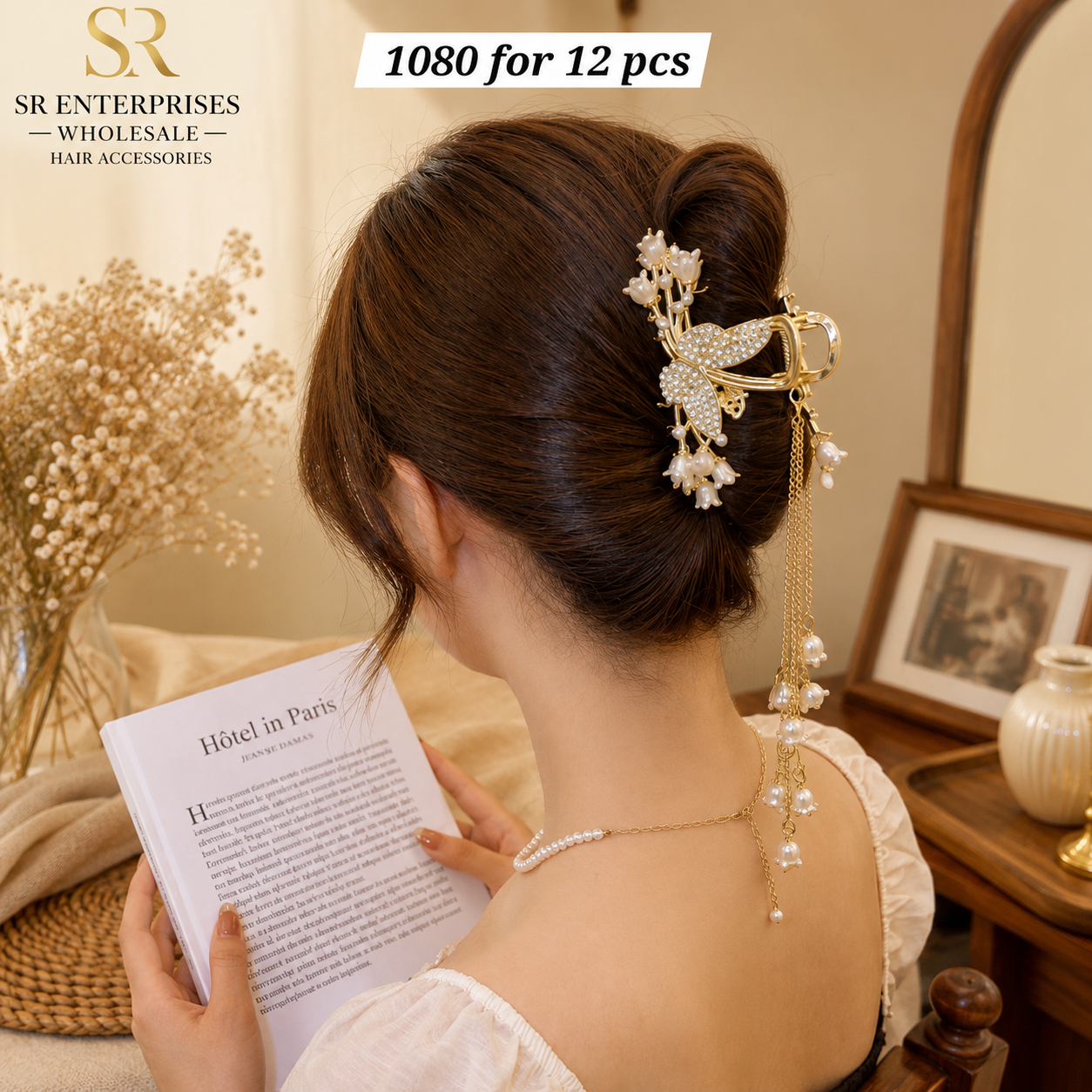 Luxury Pearl Butterfly Metal Hair Claw Clip with Rhinestone & Tassel Design – ₹1080 Per Dozen (12 Pieces)