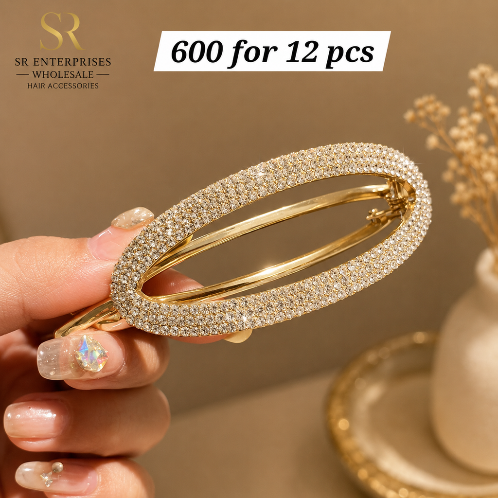 Luxury Rhinestone Oval French Hair Barrette Clip – Gold Finish – ₹600 Per Dozen (12 Pieces)