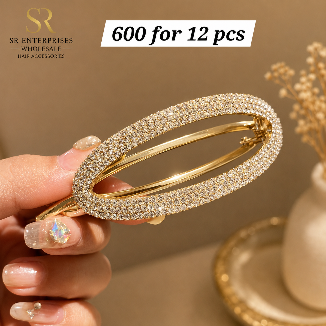 Luxury Rhinestone Oval French Hair Barrette Clip – Gold Finish – ₹600 Per Dozen (12 Pieces)