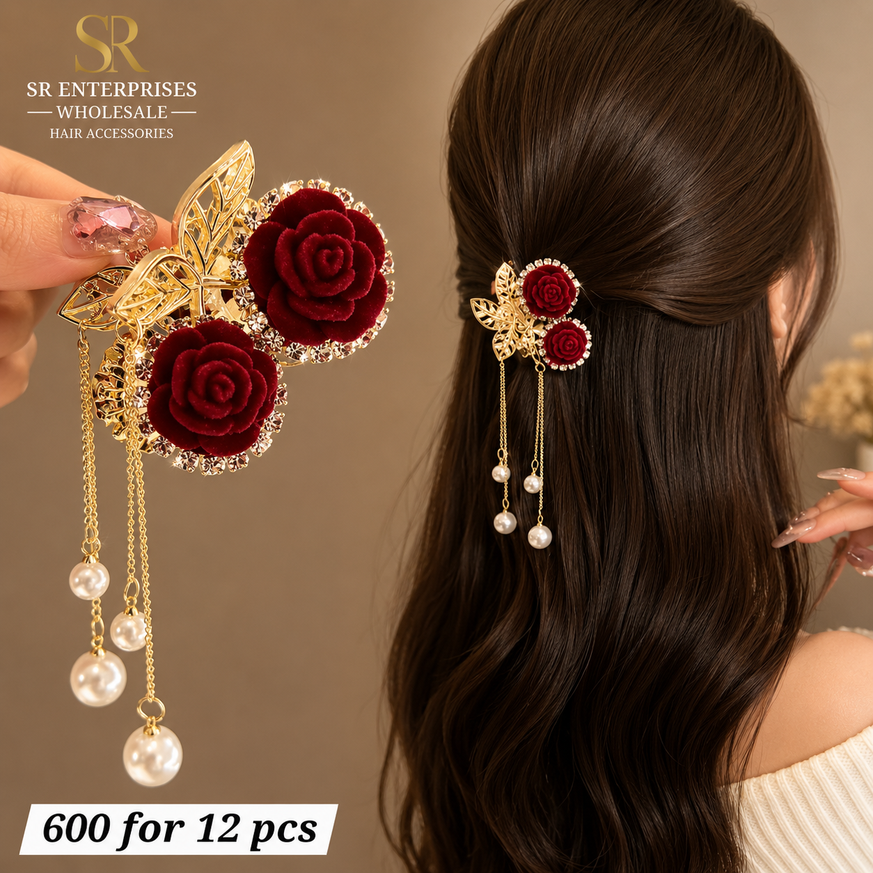 Luxury Double Rose Metal Hair Claw Clip with Butterfly & Pearl Tassel – ₹600 Per Dozen (12 Pieces)