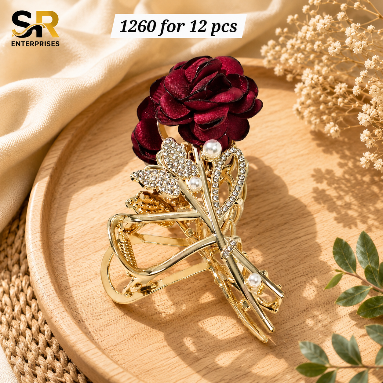 Luxury Rose Flower Metal Hair Claw Clip with Pearl & Rhinestone Design – ₹1260 Per Dozen (12 Pieces)