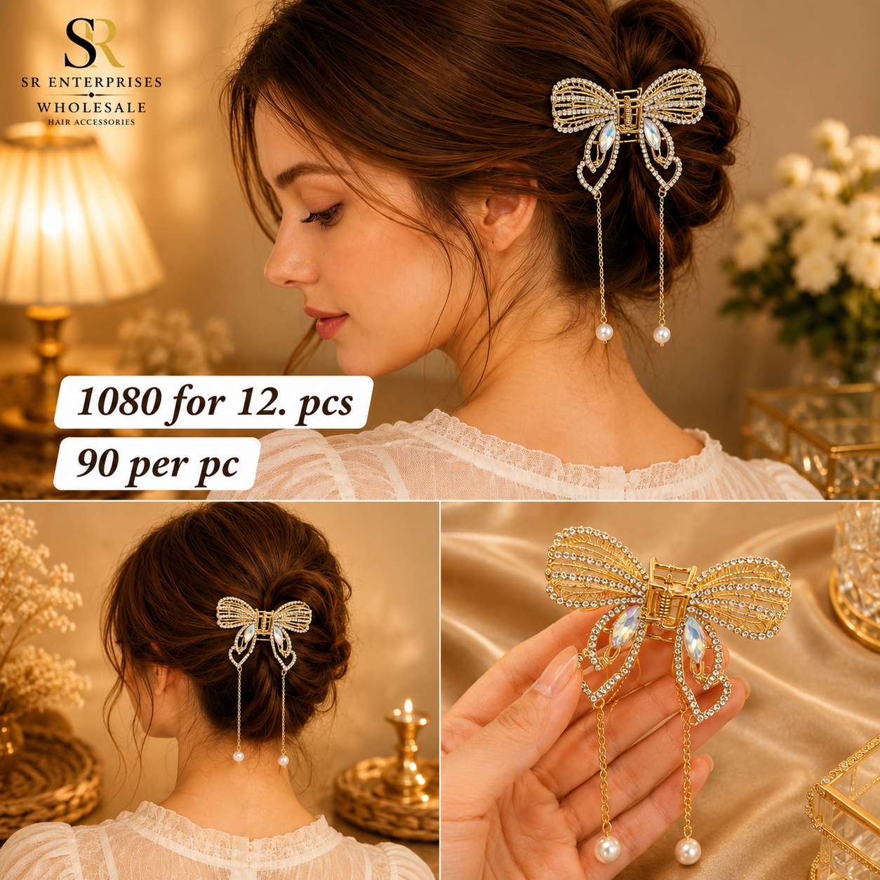 Premium Rhinestone Bow Pearl Tassel Metal Hair Claw Clip – Pack of 12 Pcs | Wholesale Price ₹1080 per Dozen