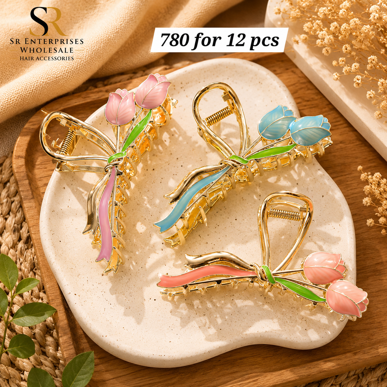 Luxury Tulip Flower Metal Hair Claw Clip with Bow Design – ₹780 Per Dozen (12 Pieces)