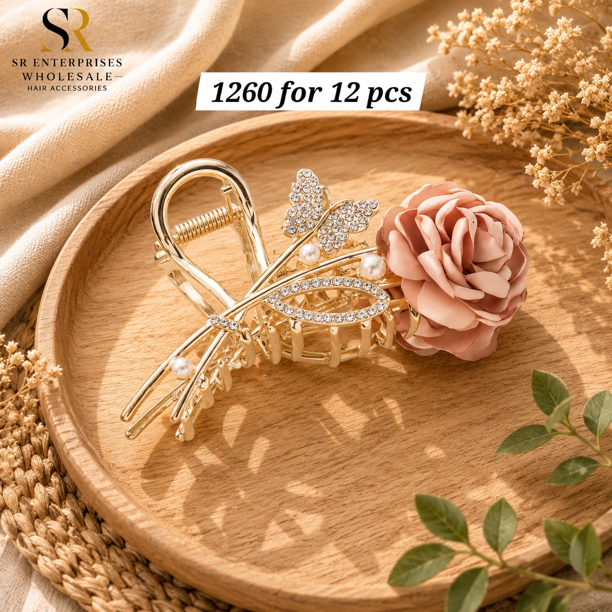 Luxury pink Rose Flower Metal Hair Claw Clip with Pearl & Rhinestone Design – ₹1260 Per Dozen (12 Pieces)