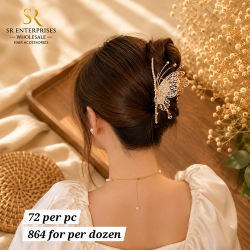 Luxury Butterfly Rhinestone Metal Hair Claw Clip – Premium Crystal Butterfly Hair Accessory – ₹864 Per Dozen (12 Pieces)