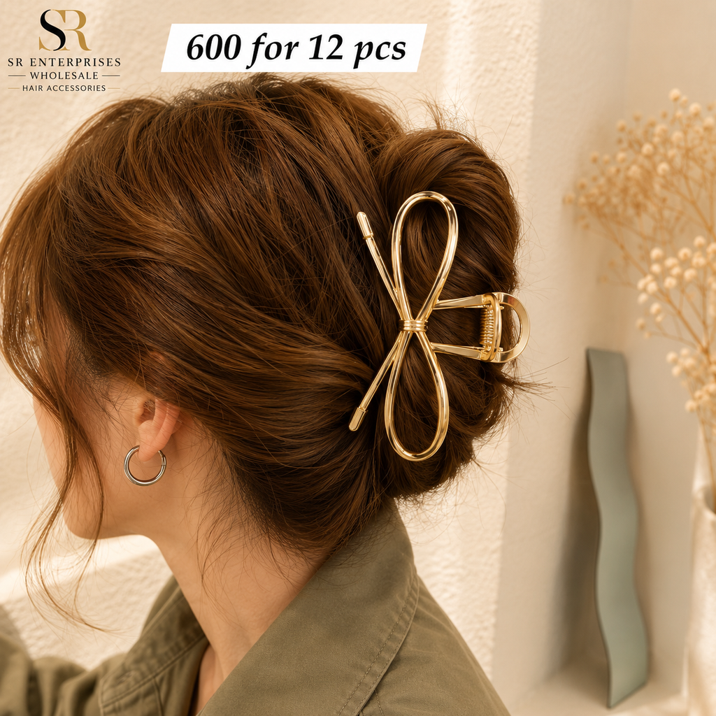 Luxury Gold Bow Metal Hair Claw Clip – Minimalist Elegant Hair Accessory – ₹600 Per Dozen (12 Pieces)