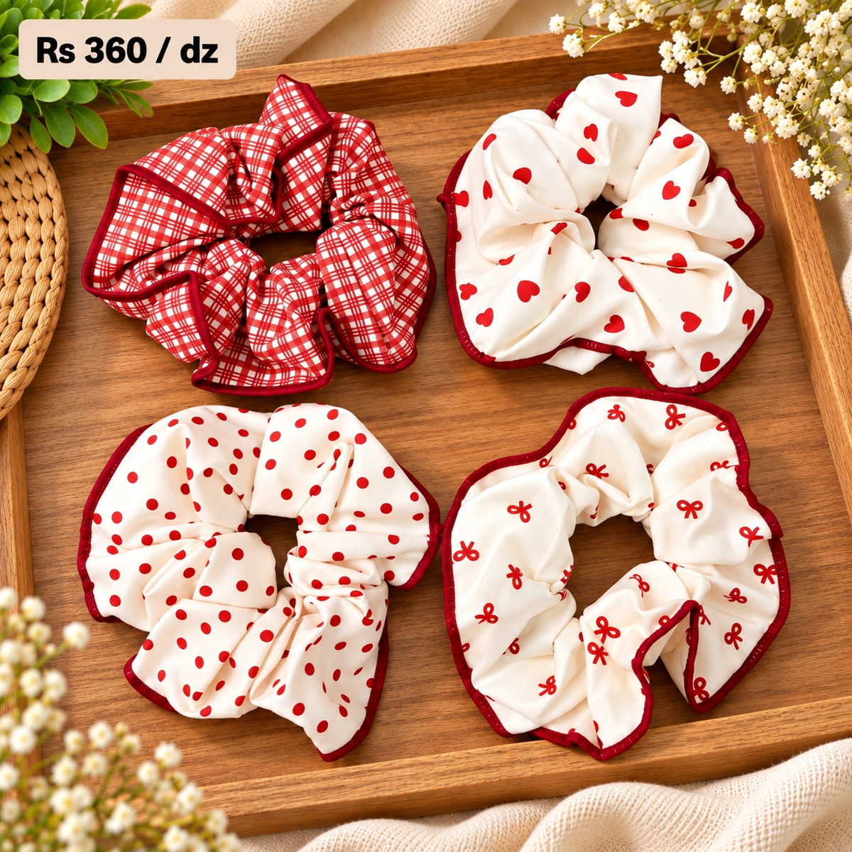 Premium Printed Fabric Scrunchies Pack of 12 Pcs – Assorted Designs | Wholesale Price ₹360 per Dozen
