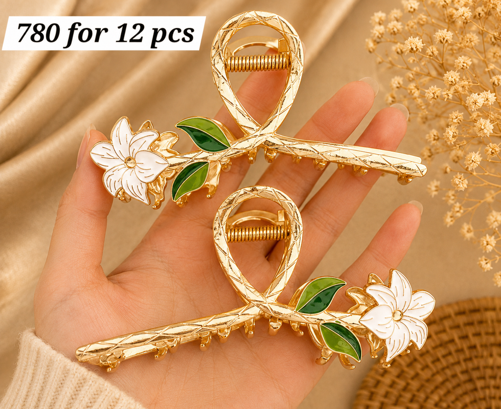 Luxury White Flower Metal Hair Claw Clip with Leaf Design – ₹780 Per Dozen (12 Pieces)