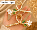 Luxury White Flower Metal Hair Claw Clip with Leaf Design – ₹780 Per Dozen (12 Pieces)