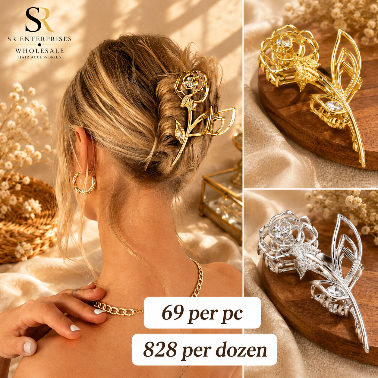 Premium Rose Flower Metal Hair Claw Clip – Pack of 12 Pcs | Wholesale Price ₹828 per Dozen